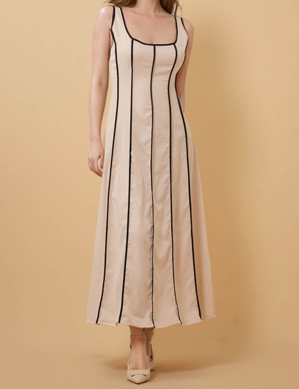 Ladies Round Neck Color Block Sleeveless Midi Dress 8SKD51273