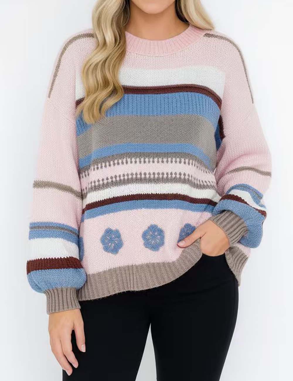 Ladies Geometric Pattern Round Neck Lantern Sleeves Sweater