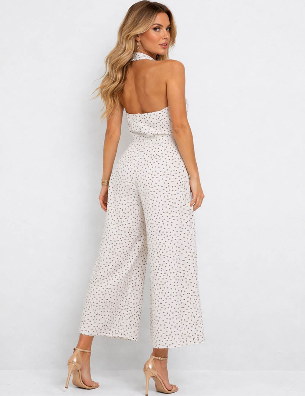 Ladies Polka Dot Halter Neck Metal Buckle Wide Leg Jumpsuit