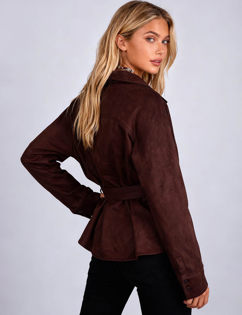 Ladies Faux Suede Tie-Waist Long Sleeves Cropped Jacket