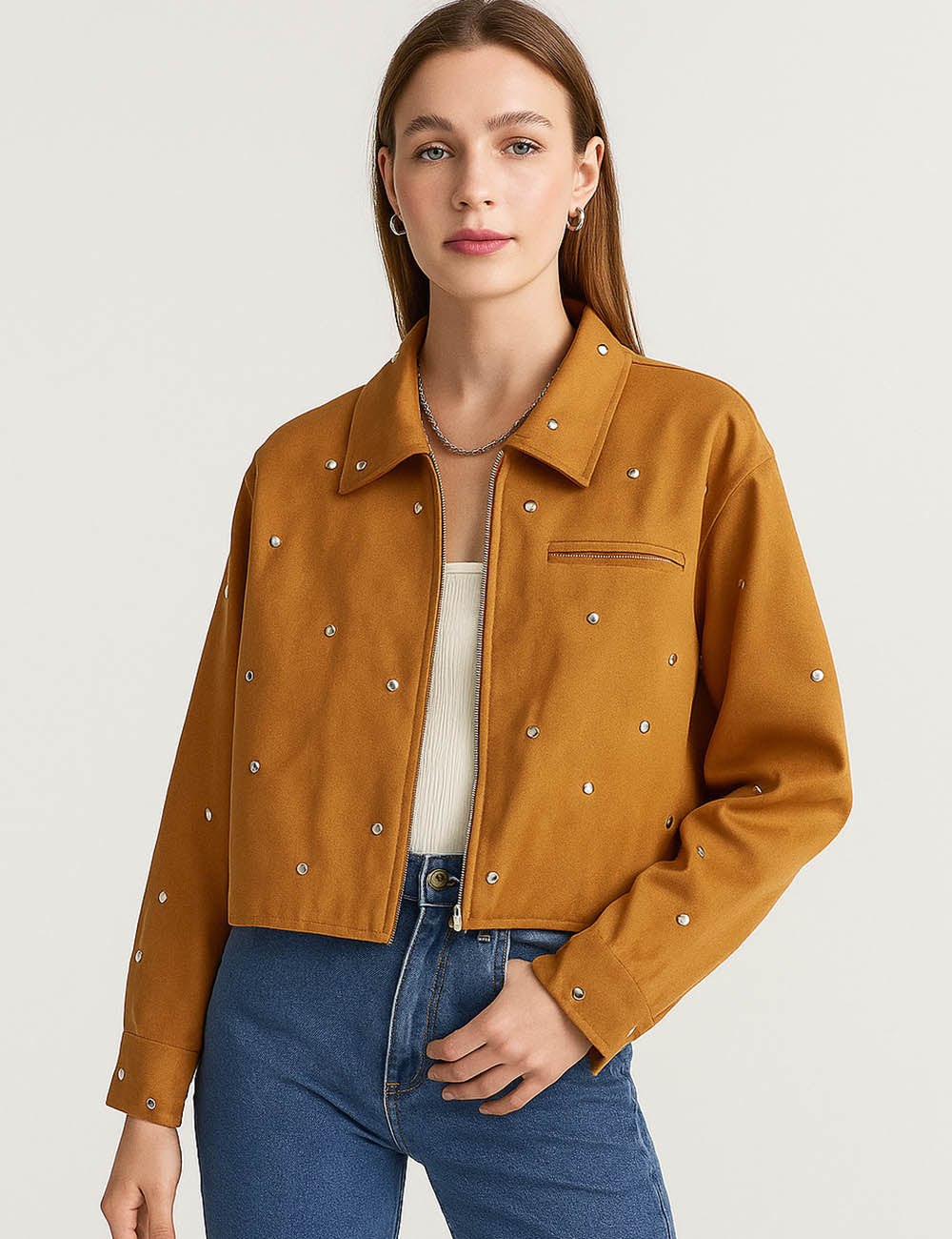 Ladies Faux Suede Studded Zipper Front Cropped Jacket