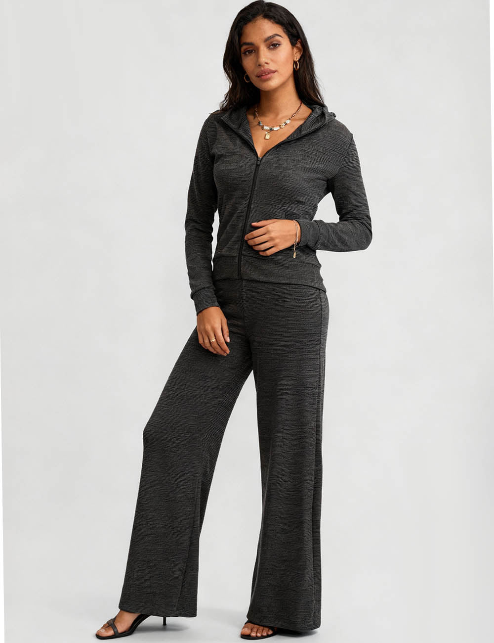 Ladies Striped Hooded Zip-Up Sweatshirt & Wide Leg Pants Set