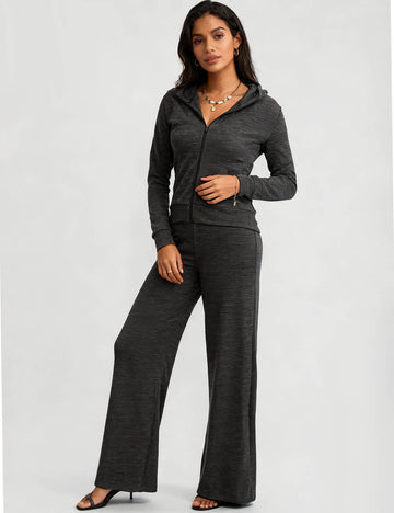Ladies Striped Hooded Zip-Up Sweatshirt & Wide Leg Pants Set