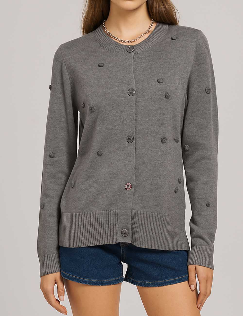 Ladies Round Neck Floral Embroidery Button Closure Knit Cardigan
