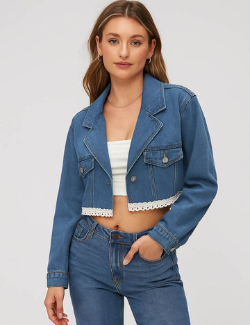 Ladies Color Block Notched Collar Crochet Trim Crop Jacket