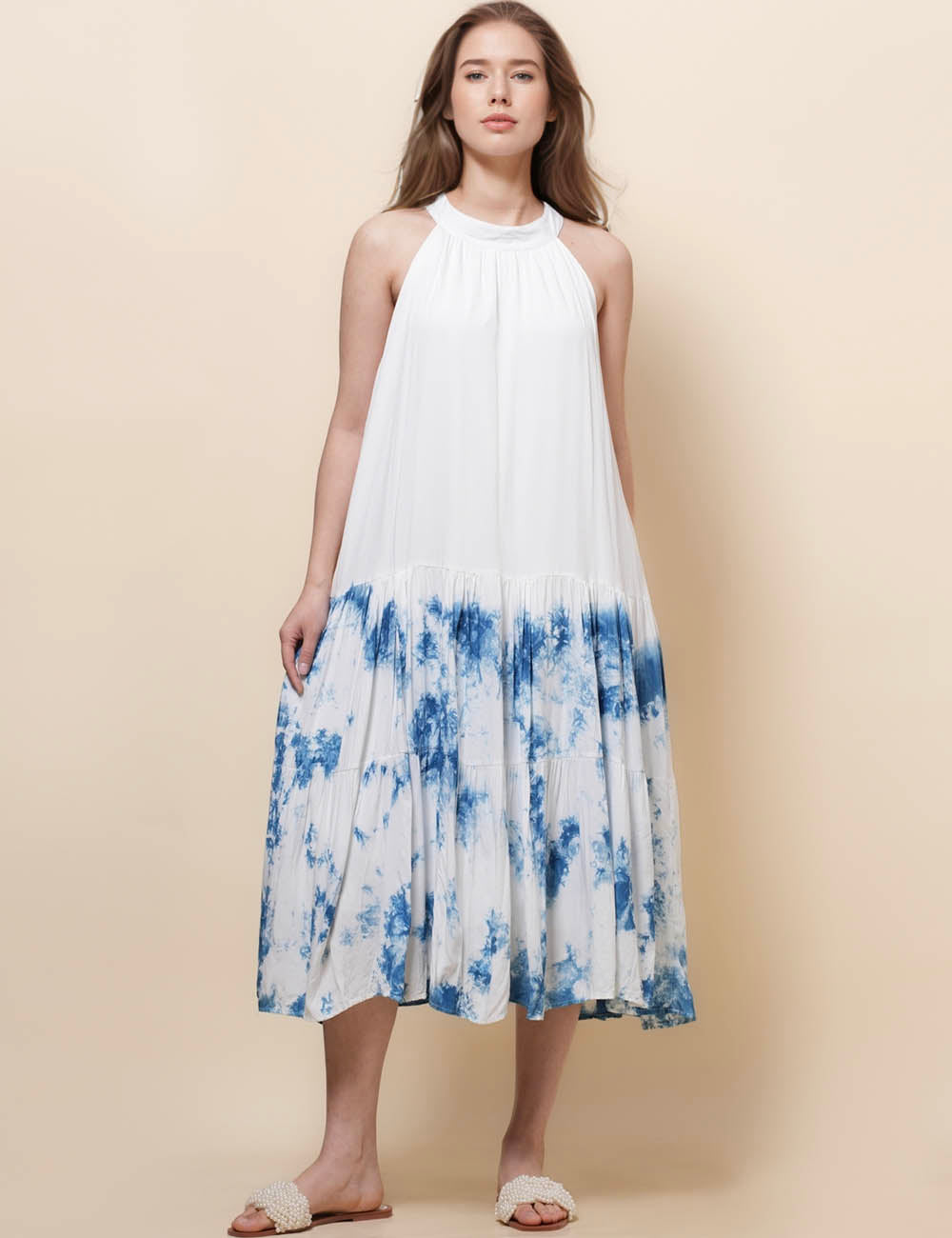 Ladies Random Dyeing Round Neck Midi Dress SKD50213