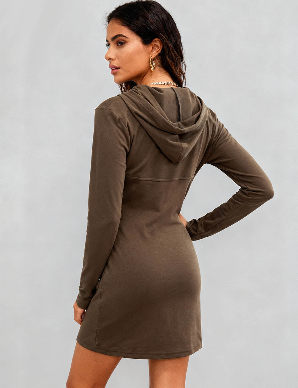 Ladies Hooded Collar Zipper Front Drawstring Mini Dress