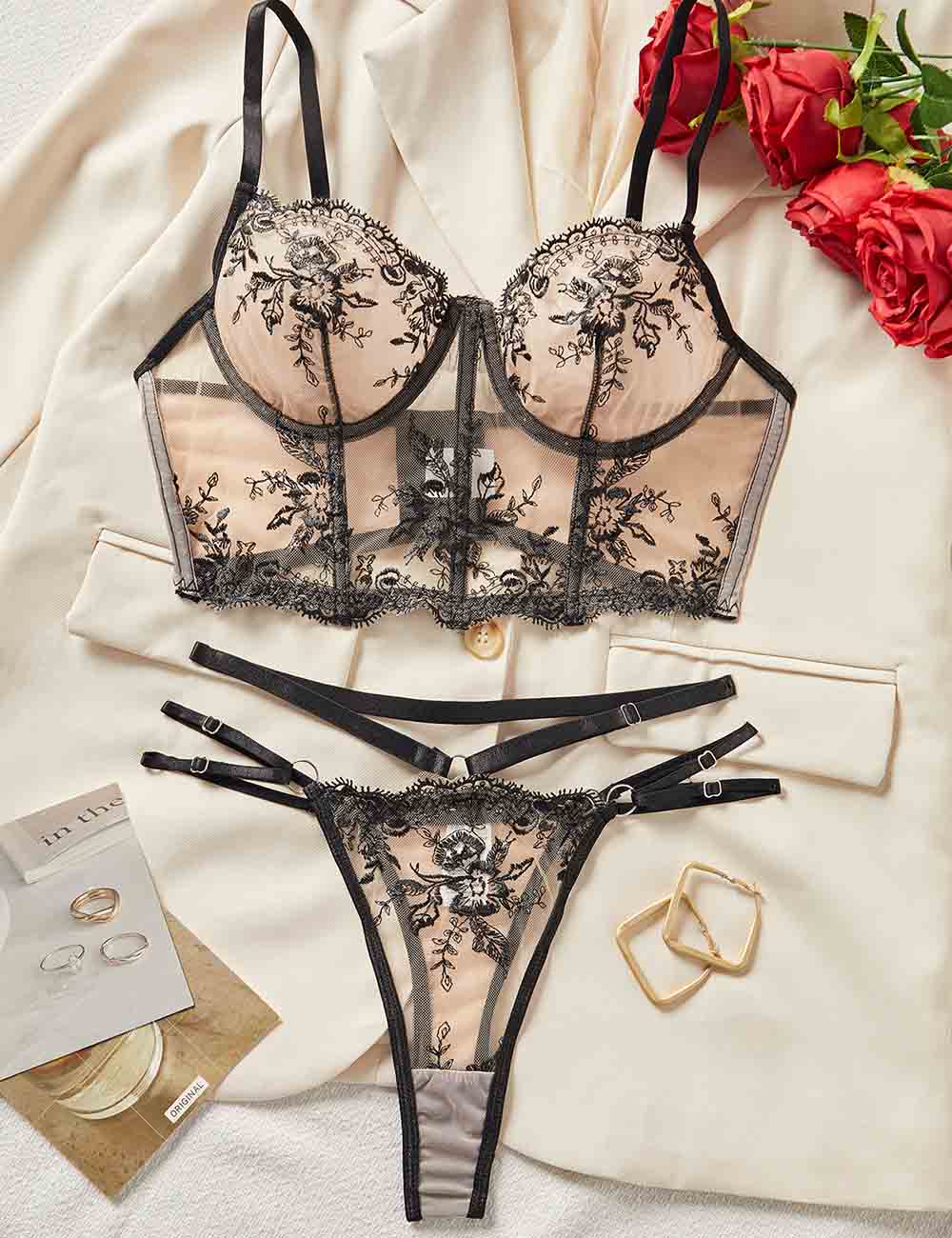 Ladies Sexy Sheer Embroidery Strappy Thong Panty Lingerie Set