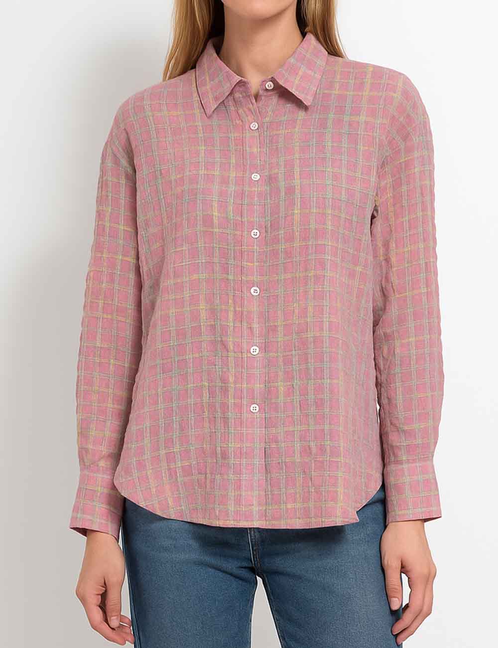Ladies Wrinkled Checked  Turndown Collar Button Shirt