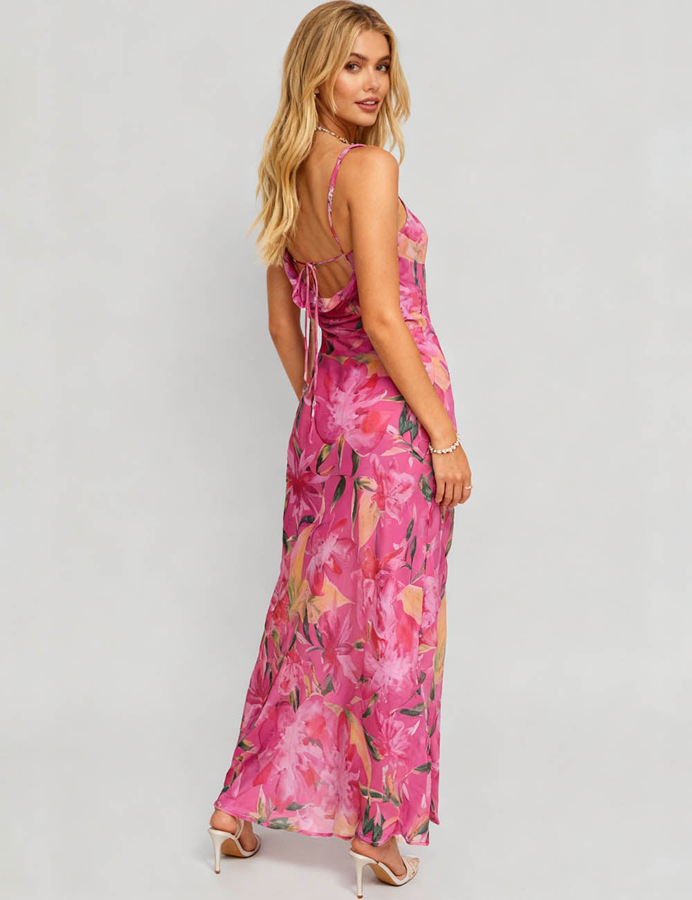 Ladies Floral Chiffion Cowl Neck Lace-Up Maxi Dress