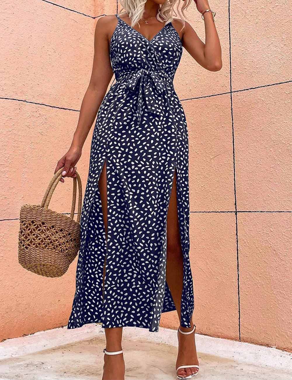 Ladies V-Neck Floral Print String Shoulder Split Maxi Dress
