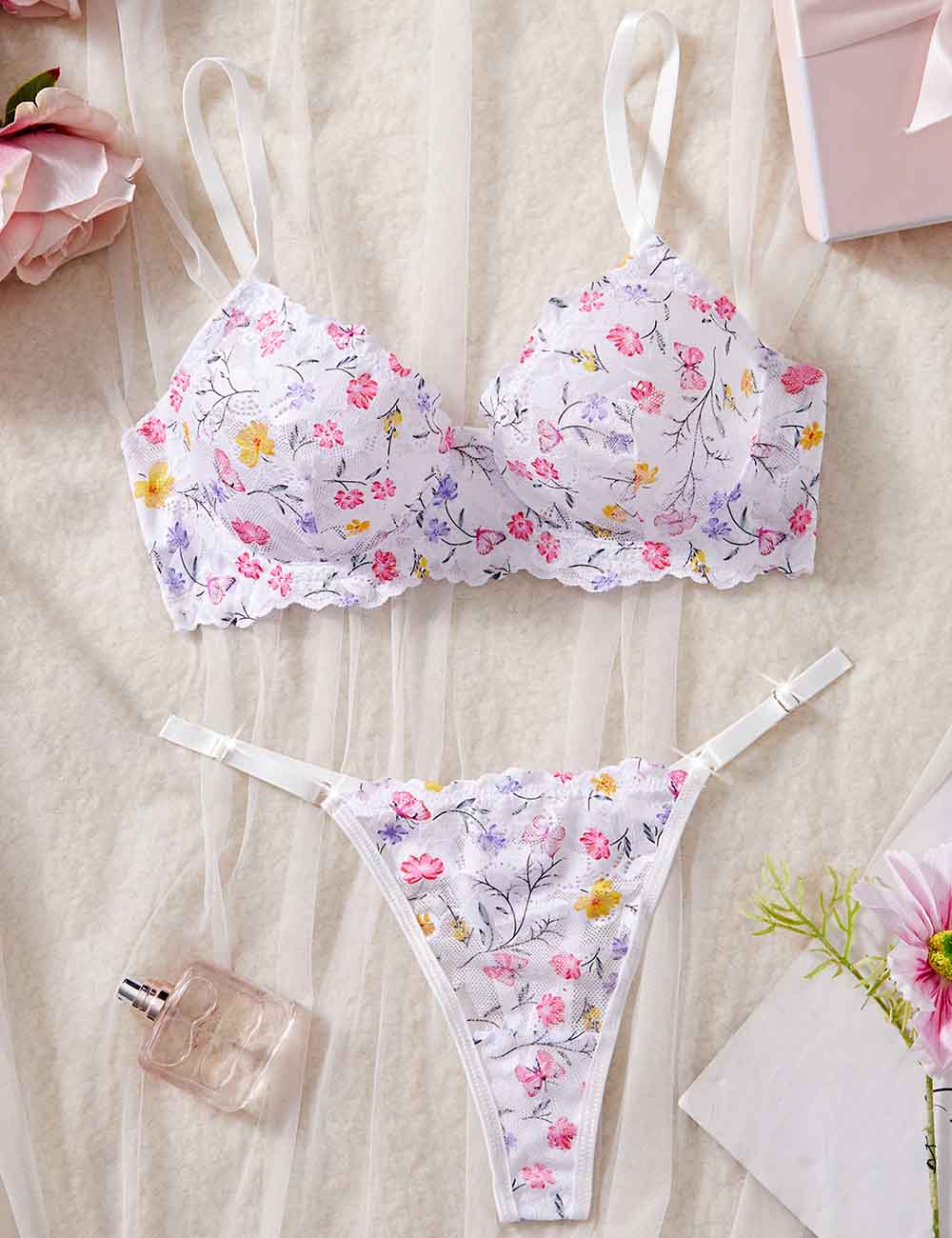 Ladies Cute Sheer Mesh Lace Floral Print Thong Lingerie Set