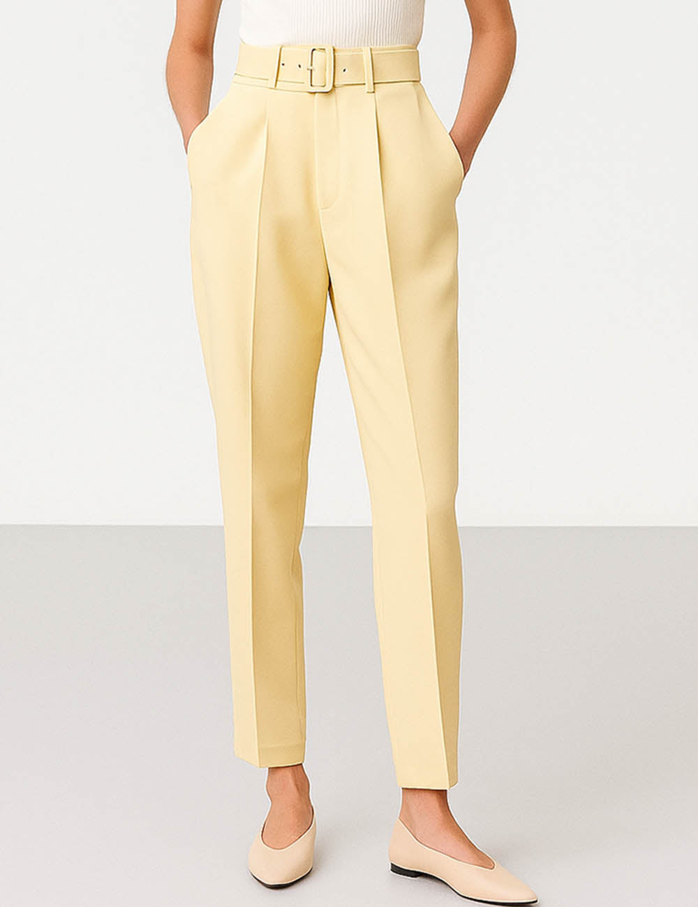 Ladies Solid Color Tailored Belted Waist Straight Leg Pants