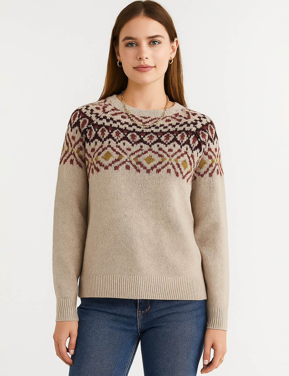 Ladies Geometric Jacquard Pullover Long Sleeves Sweater