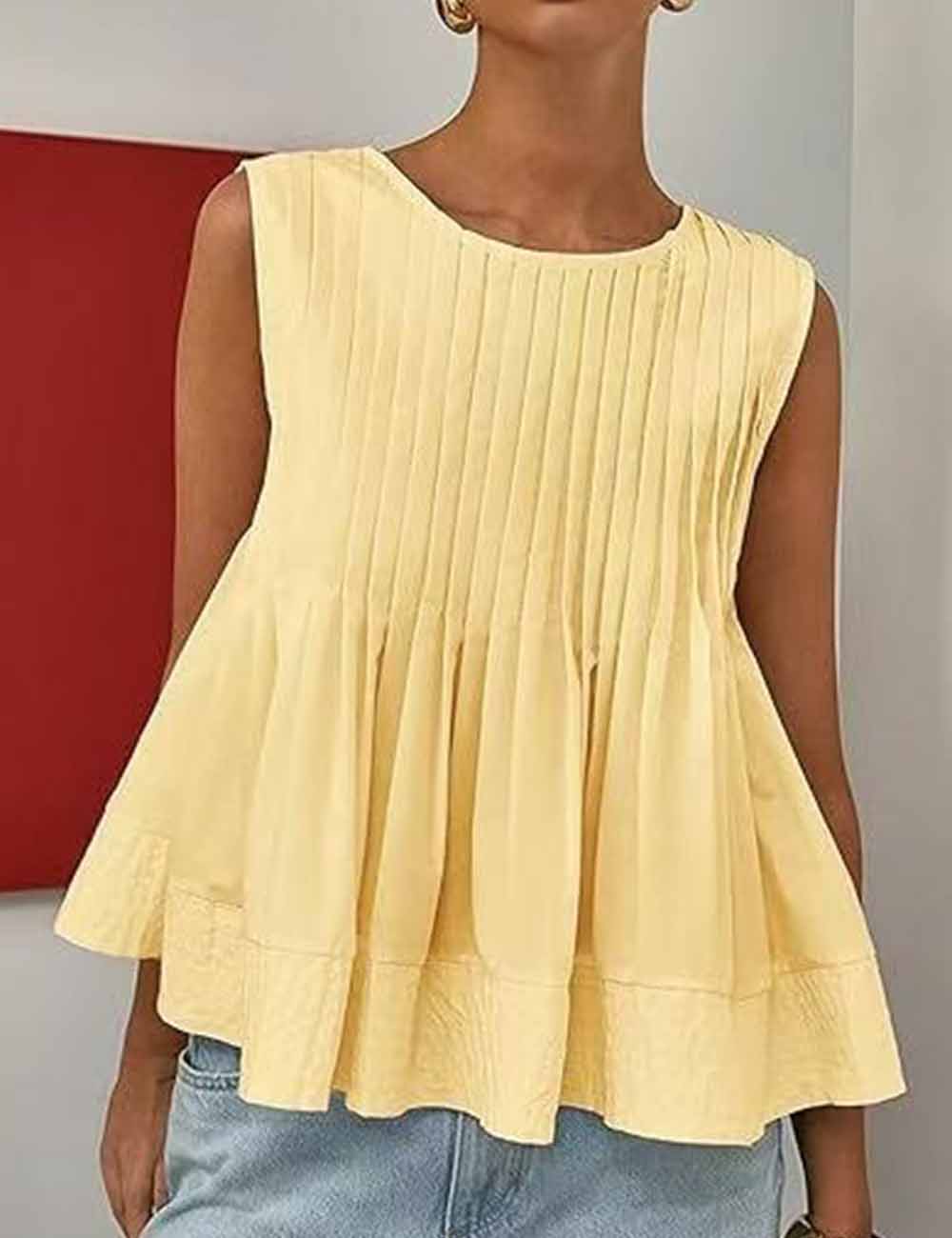 Ladies Solid Color Pleated Sleeveless Tank Top