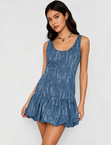 Ladies Print Scoop Neck Puff Hem Denim Mini Dress
