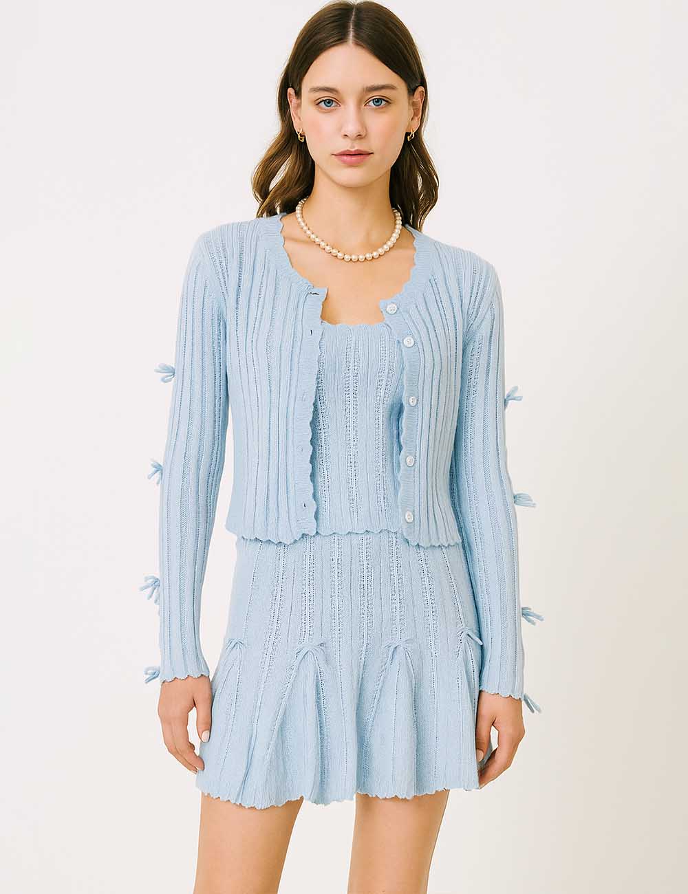 Ladies Bowknot Knit Cami Top & Button Cardigan & Mini Skirt Set