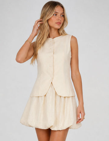 Ladies Chic Solid Color Button Front Vest & Bubble Skirt Matching Set