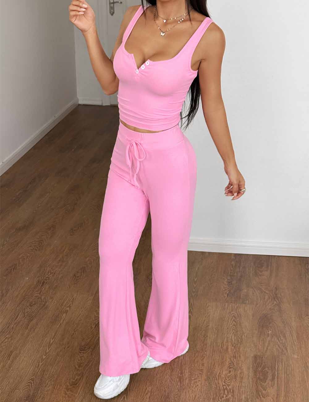 Ladies Solid Color Strap Shoulder Button Flared Leg Tank Top & Pants Set
