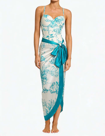 Ladies Toile Print One Piece Swimsuit with Wrap Sarong Skirt