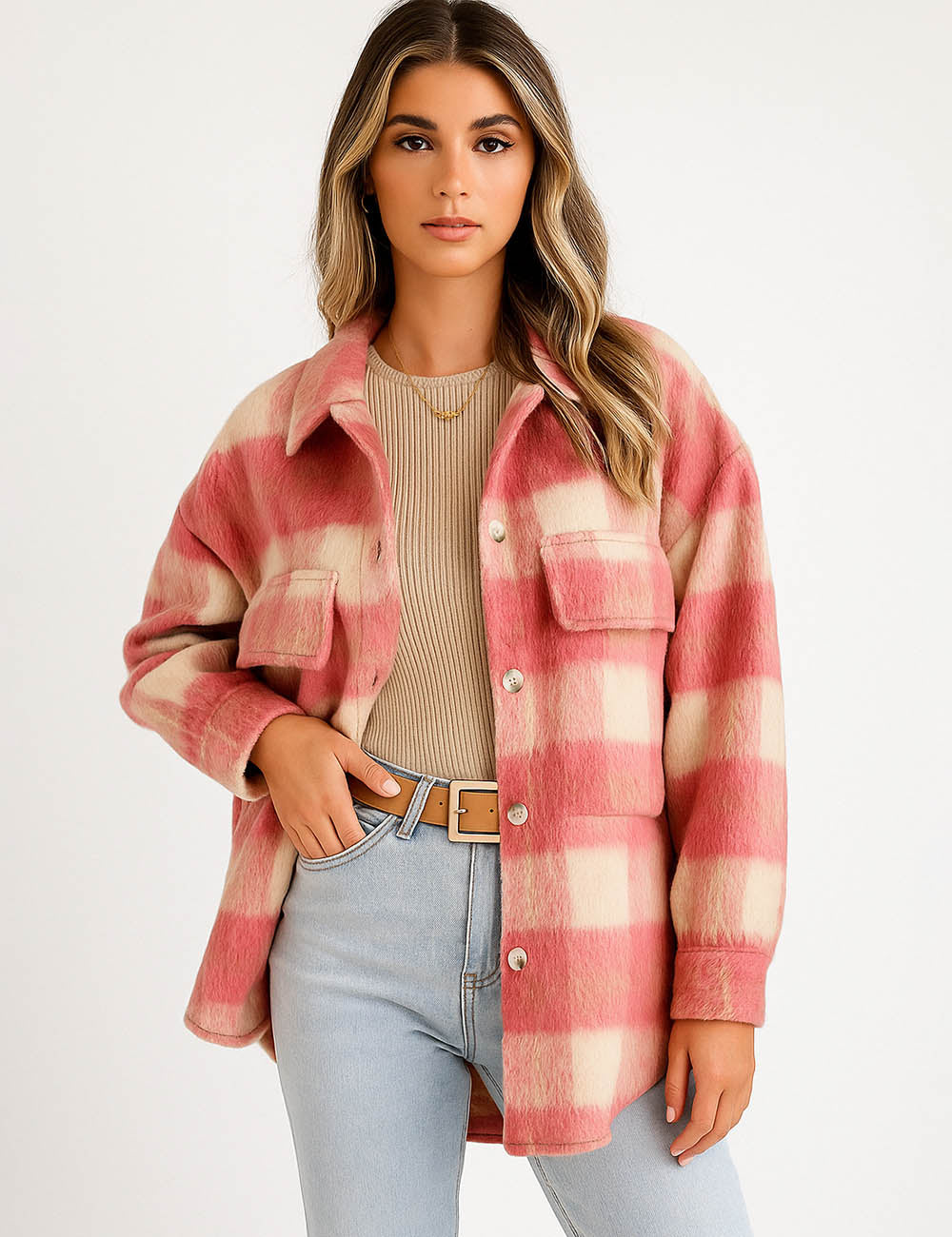 Ladies Mohair Plaid Jacket Shirt Collar Flap Pocket Coat