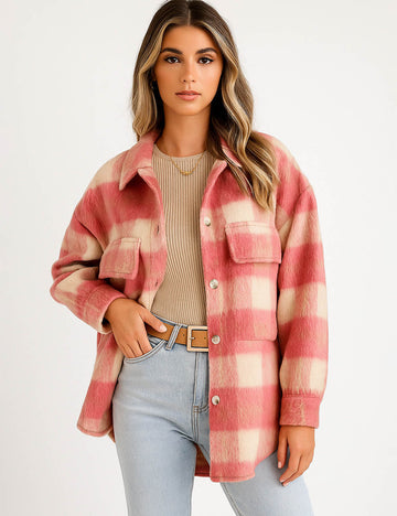 Ladies Mohair Plaid Jacket Shirt Collar Flap Pocket Coat