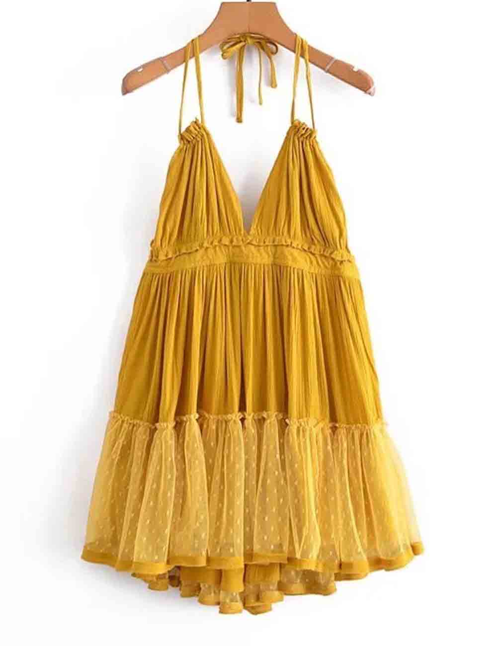 Ladies Solid Color V-Neck Mesh Dot Halter String Shoulder Mini Dress