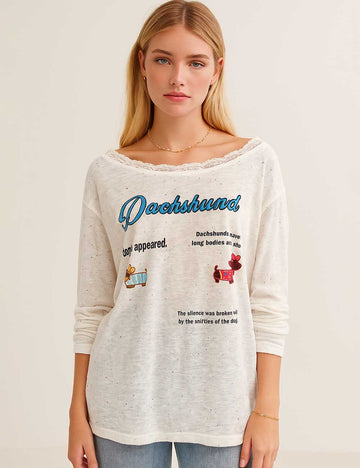 Ladies Lace Trim Letter Print Casual T-Shirt