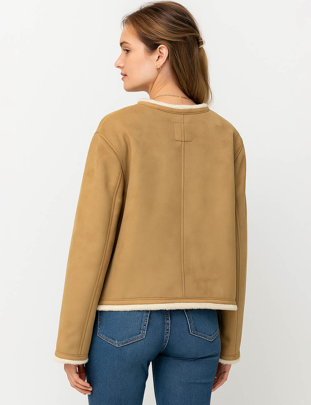 Ladies Faux Suede Fleece Lined Button Front Crop Jacket