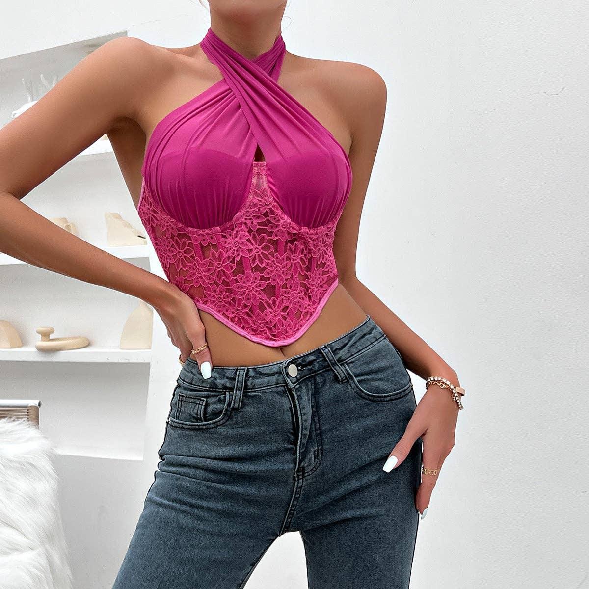 Cross Neck Solid Color Crop Top Corset Bra K029 - SWEETKAMA
