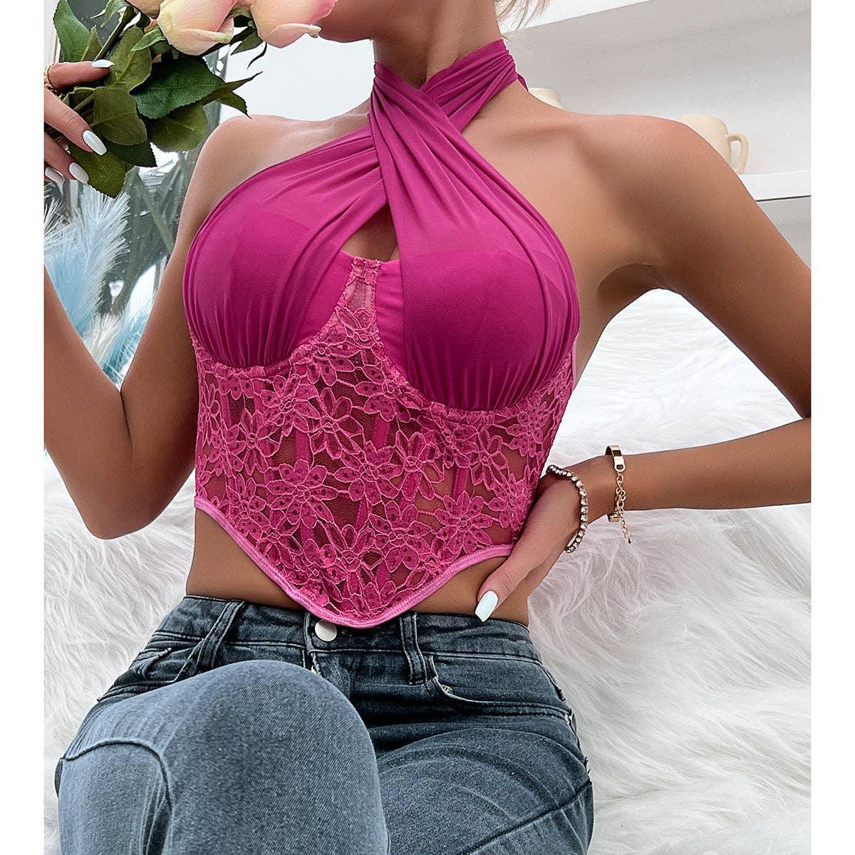 Cross Neck Solid Color Crop Top Corset Bra K029 - SWEETKAMA