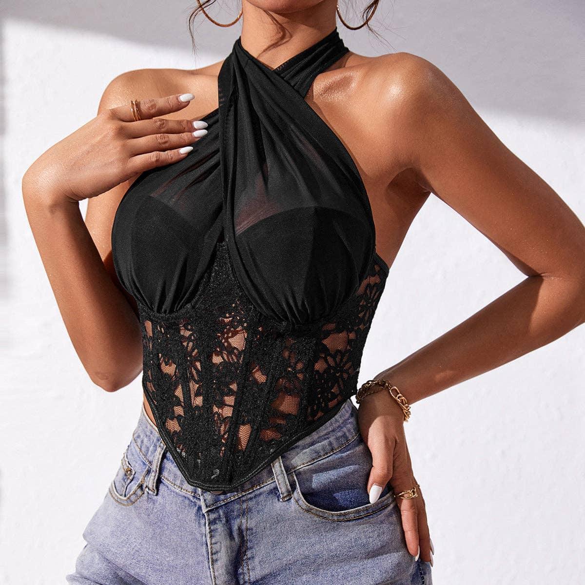 Cross Neck Solid Color Crop Top Corset Bra K029 - SWEETKAMA