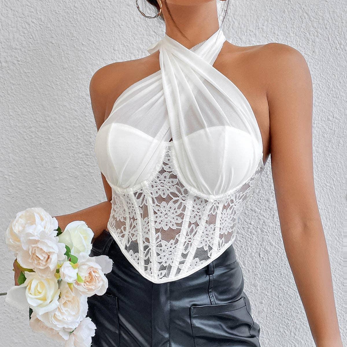 Cross Neck Solid Color Crop Top Corset Bra K029 - SWEETKAMA