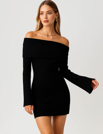 Ladies Ribbed Knit Off-Shoulder Flared Sleeves Mini Dress