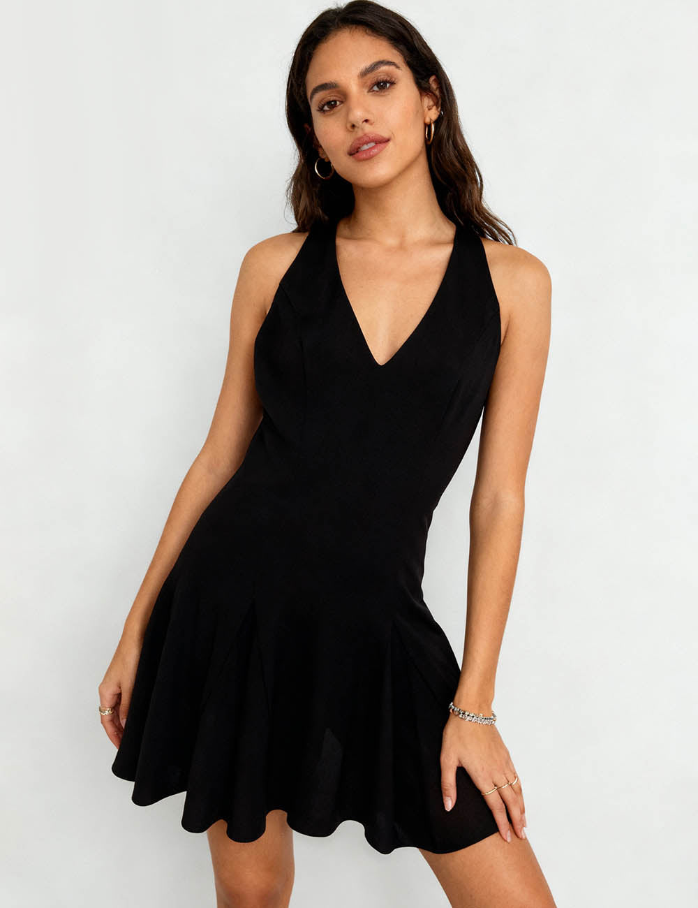 Ladies V-Neck Sleeveless Flared Hem Mini Dress