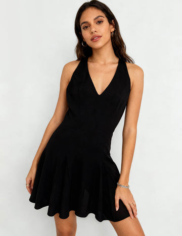 Ladies V-Neck Sleeveless Flared Hem Mini Dress