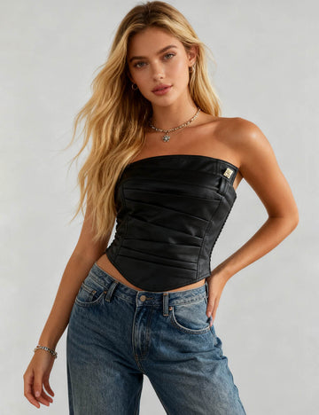 Ladies Faux Leather Corset Pleated Bodice Crop Tube Top