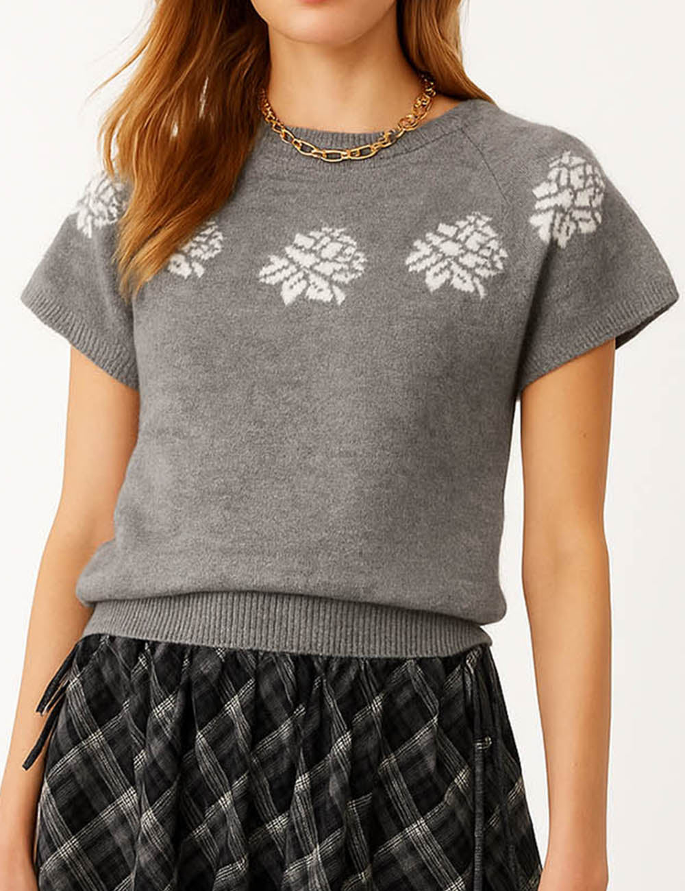 Ladies Snowflake Floral Pattern Short Sleeves Knit Top