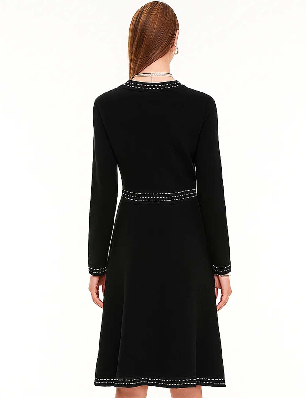 Ladies V-Neck Contrast Stitching Knit Midi Dress