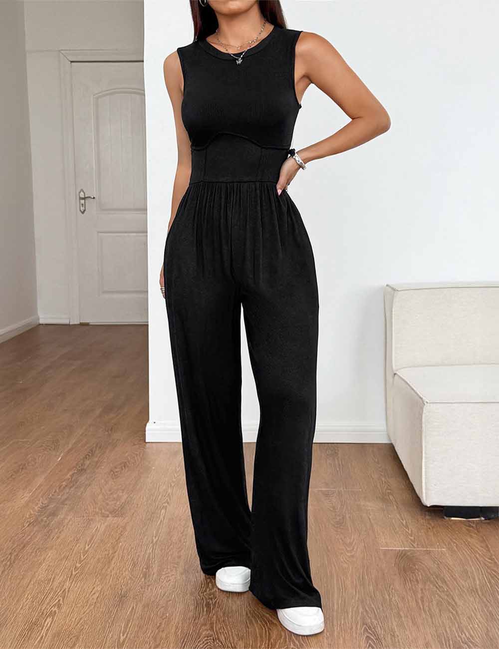 Ladies Solid Color Round Neck Sleeveless Pocket Wide Leg Jumpsuit