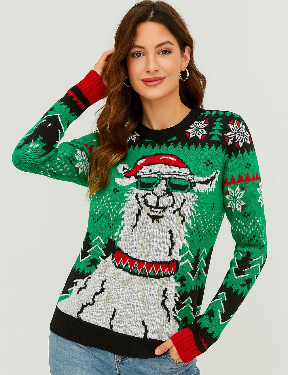 Ladies Christmas 2025 Dinosaur Round Neck Holiday Sweater