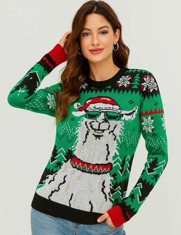 Ladies Christmas 2025 Dinosaur Round Neck Holiday Sweater