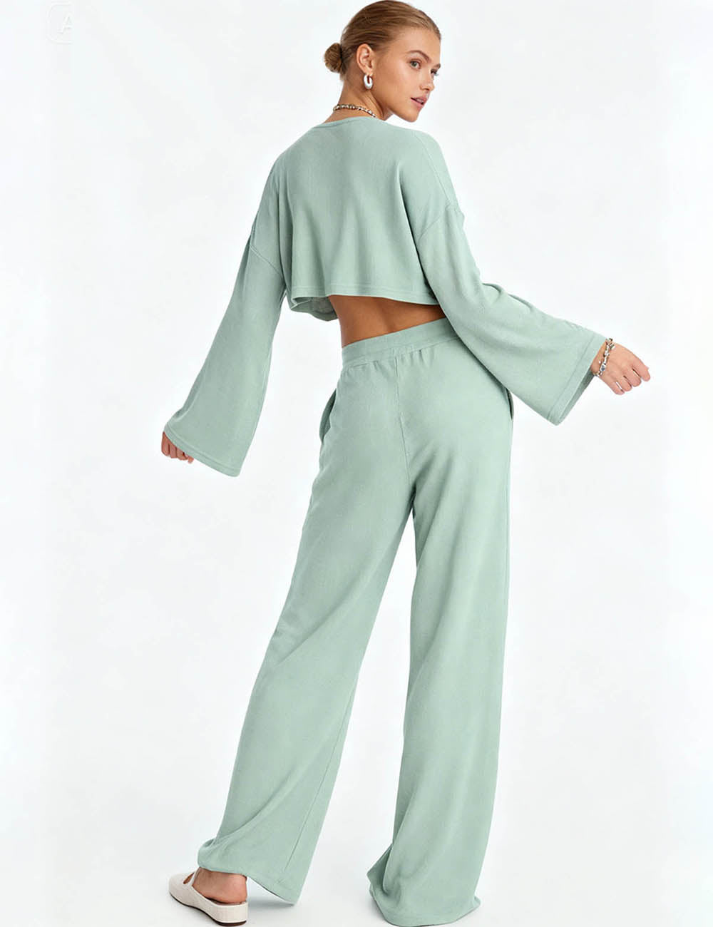 Ladies Casual Set Flared Sleeves Top Wide Leg Pants 2PCS Set