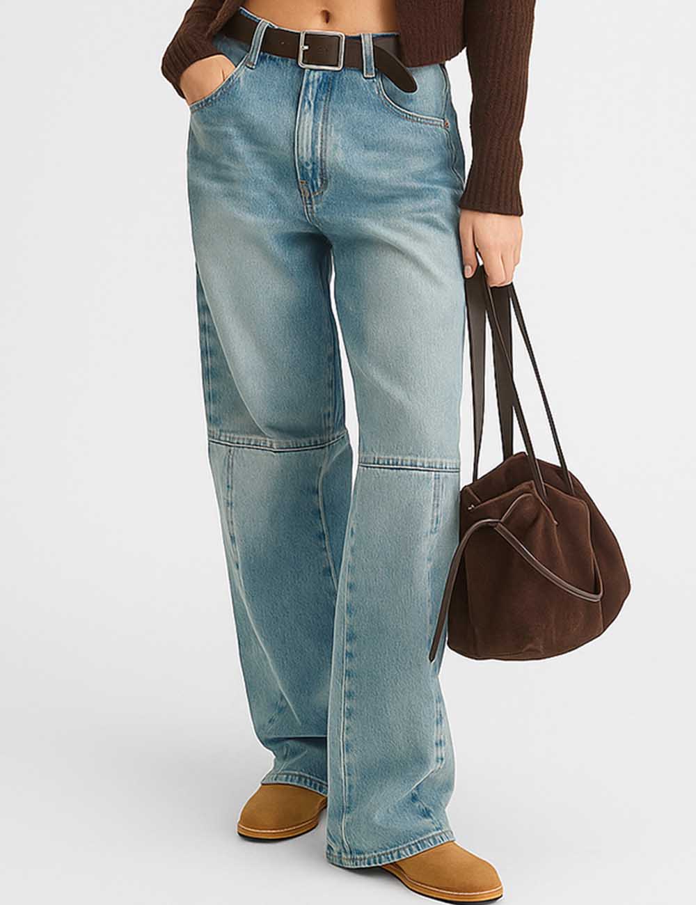 Ladies Button Pocket Barrel Denim Pants
