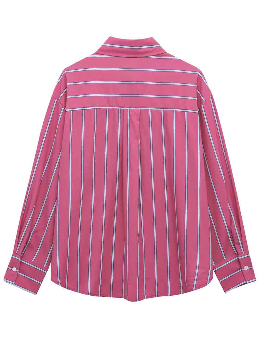 Ladies Color Block Striped Long Sleeves Button Down Shirt
