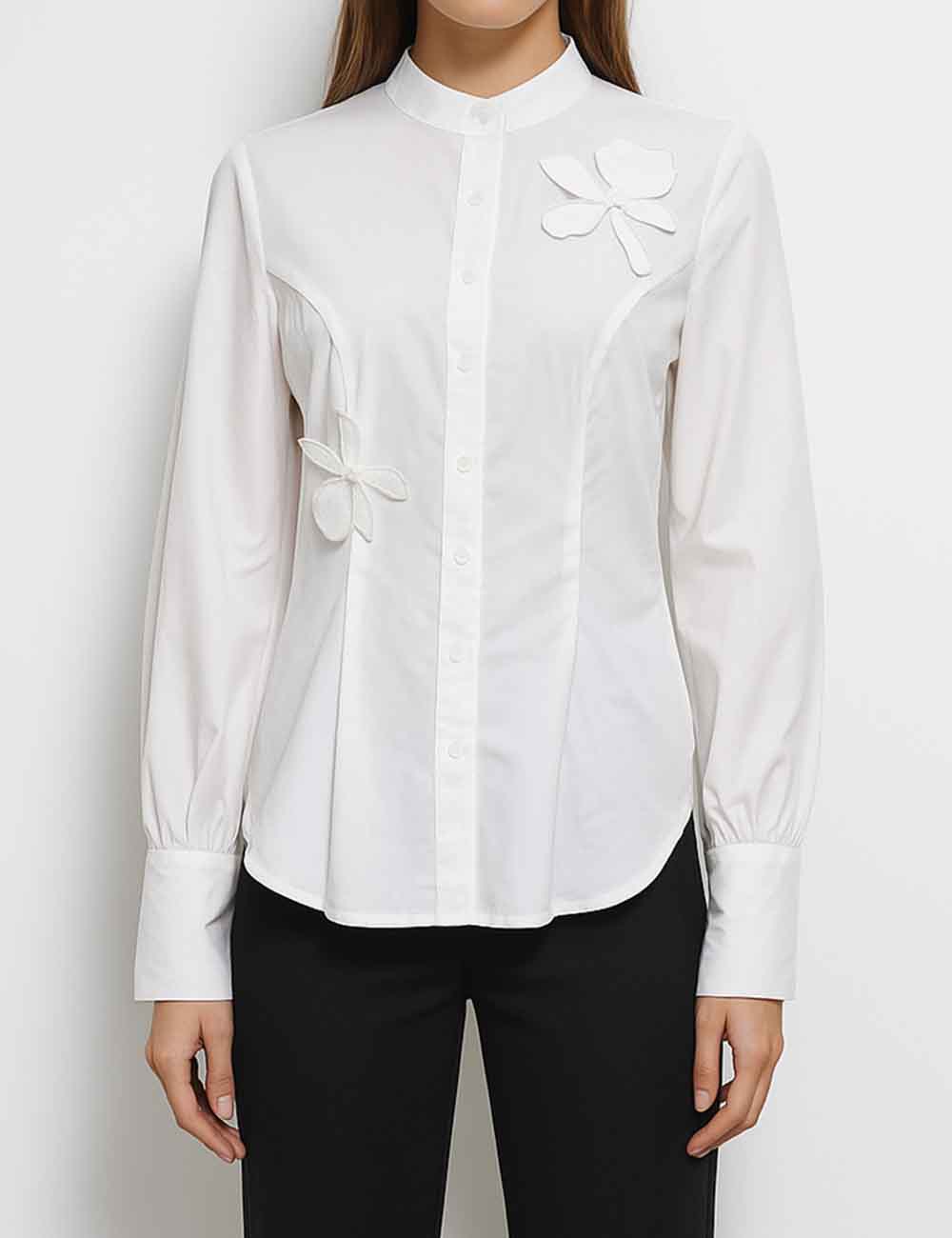 Ladies Solid Color Floral Embroidery Band Collar Button Blouse