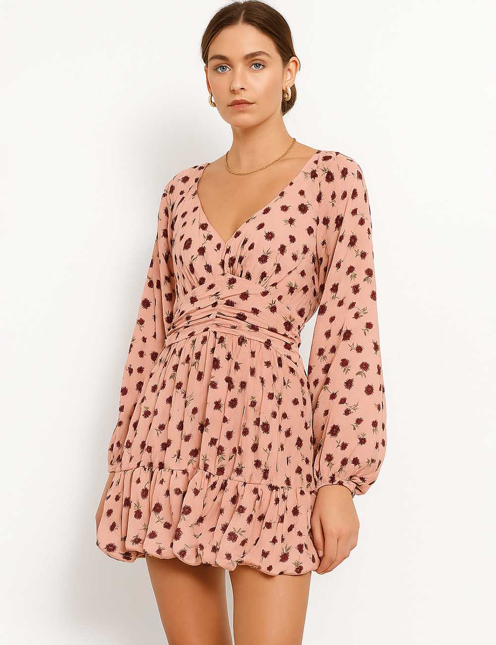 Women Tiny Floral V-Neck Long Sleeves Mini Dress