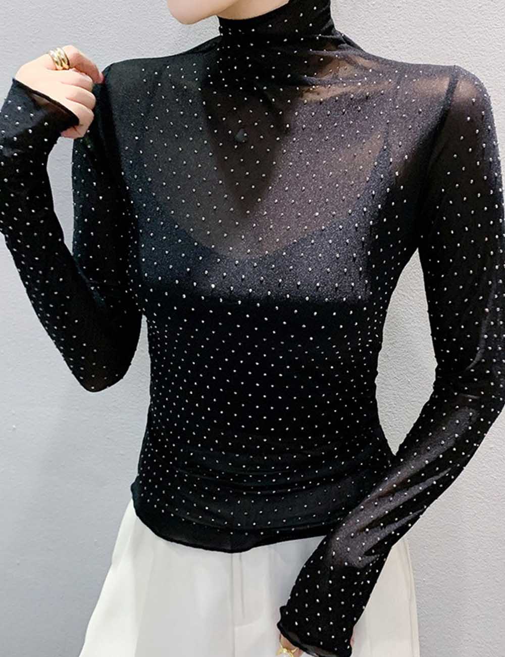 Ladies Turtleneck Rhinestones Mesh Long Sleeves Layering Top