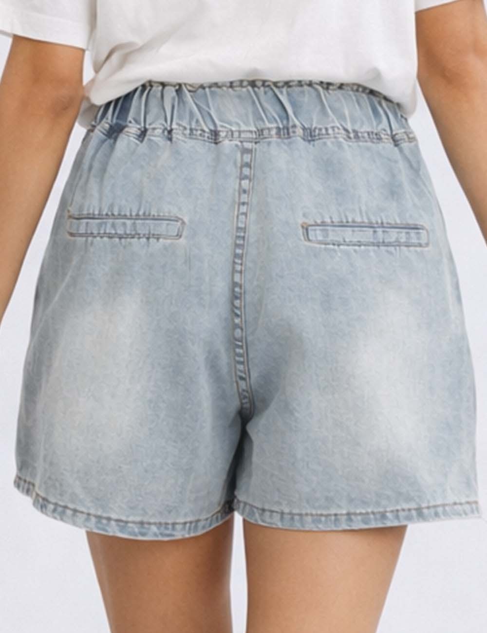 Ladies Rhinestone Heart Wide Leg Drawstring Denim Shorts