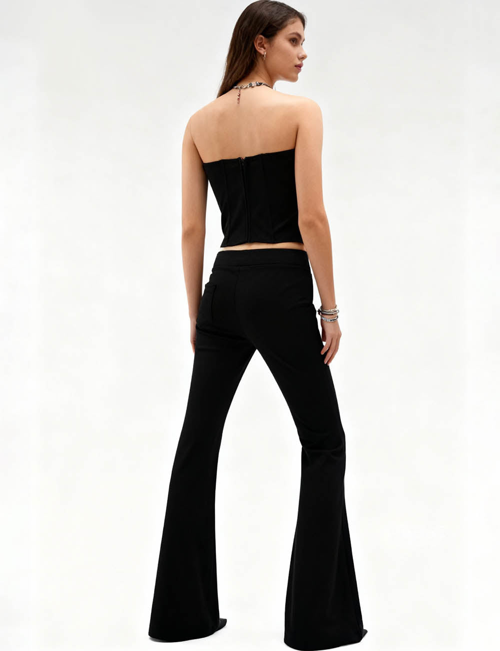 Ladies Metal Eyelet Flared Leg Tube Top & Pants 2PCS Set